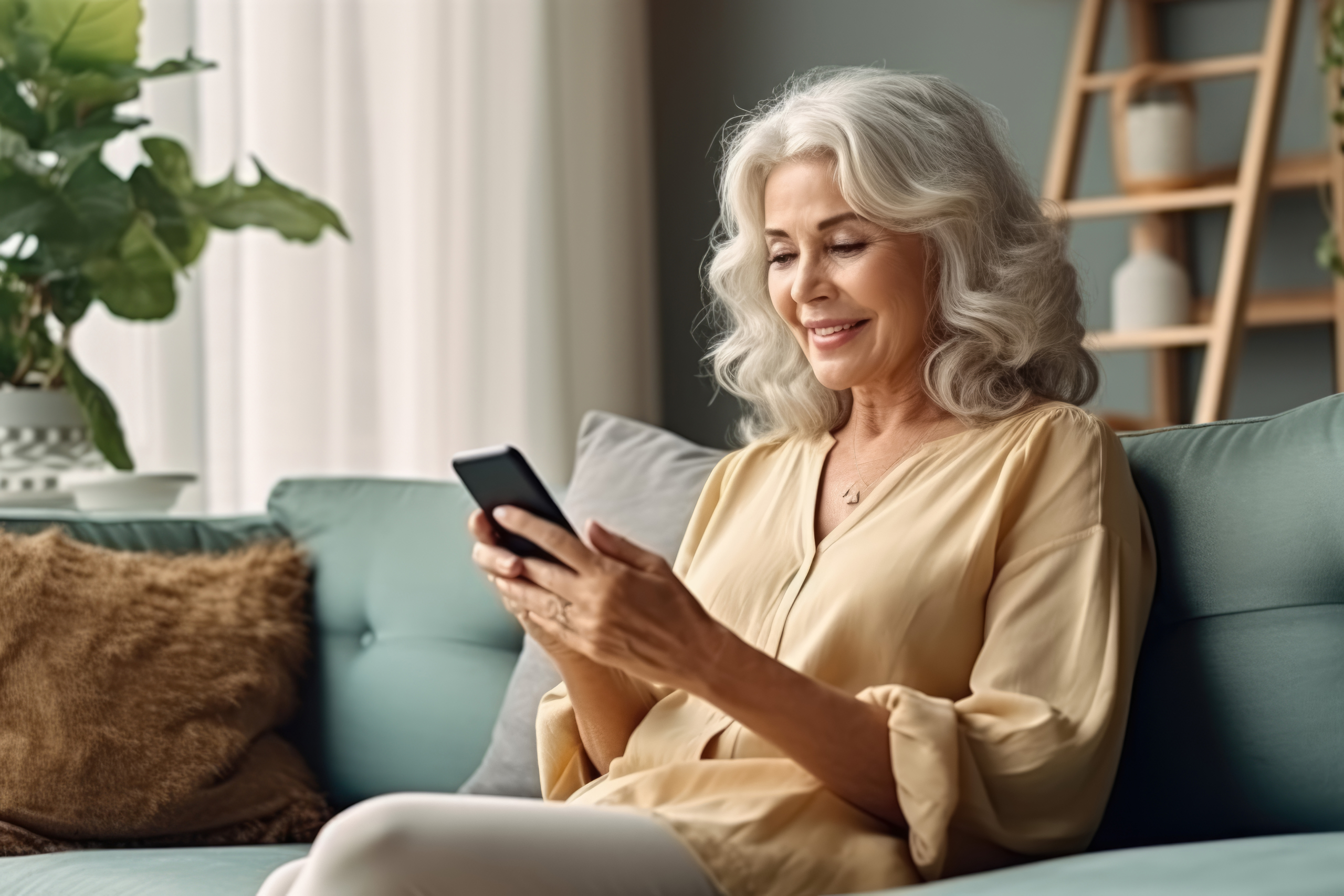 The elderly woman is sitting on the couch to drink coffee and look at her phone Technologie und Innovation in der 24-Stunden-Betreuung